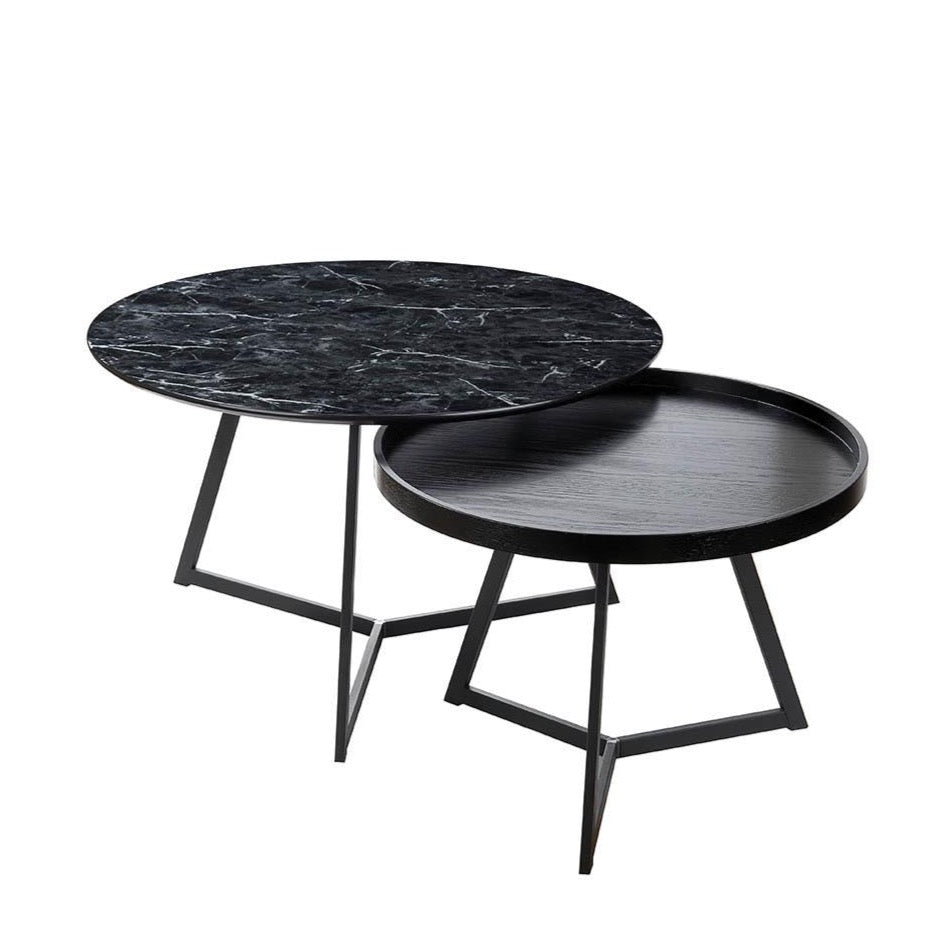 Set 2 Tavolini Tondi Bassi colore Nero con piano in legno
