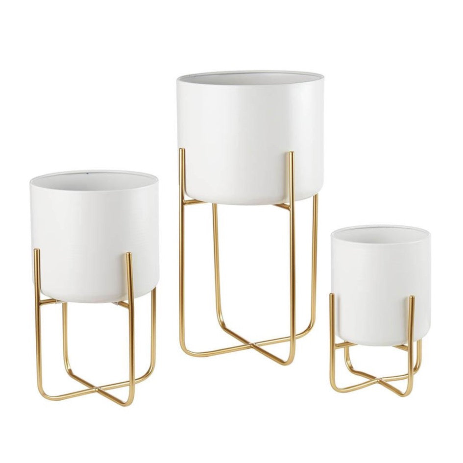 Set 3 Cache-Pot in Ceramica Bianca con struttura color Oro