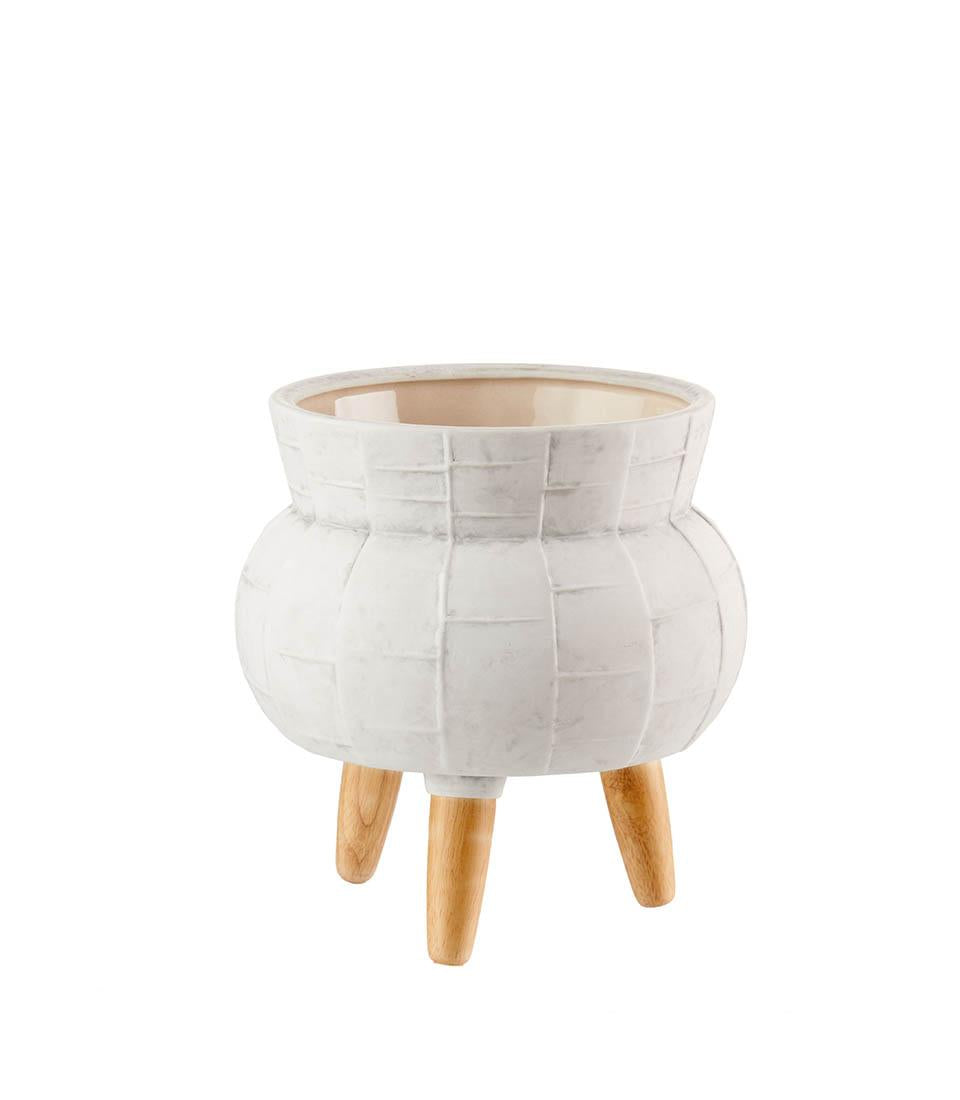 Cache-Pot in Ceramica Bianca Lavorata e Legno (2 Misure)