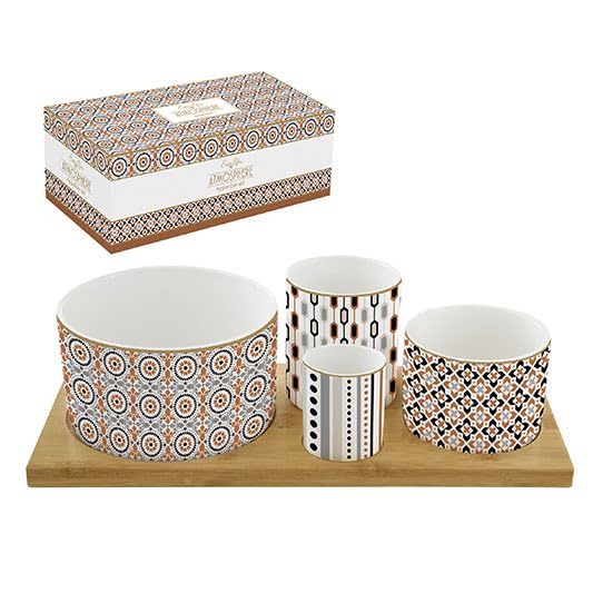 Set Aperitivo “GEOETHNIC” con 4 Ciotoline in Porcellana e Vassoio in Bambù