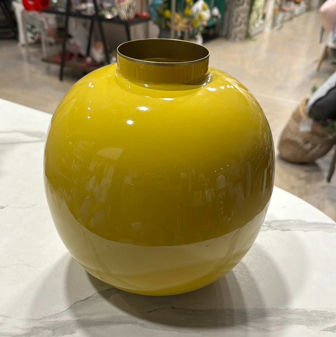 Vaso Tondo in Metallo Smaltato Giallo - H 25cm