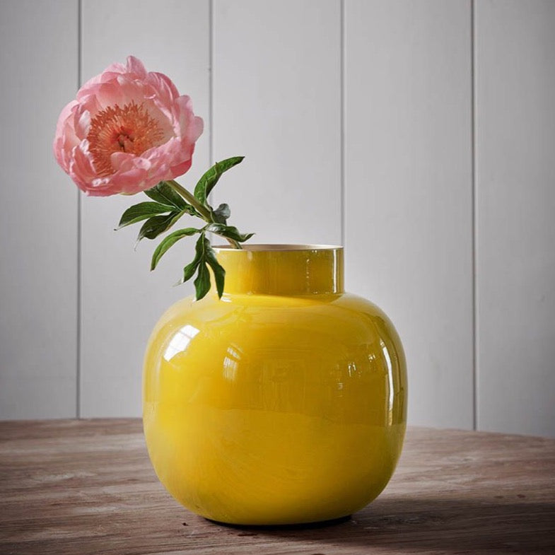Vaso Tondo in Metallo Smaltato Giallo - H 25cm