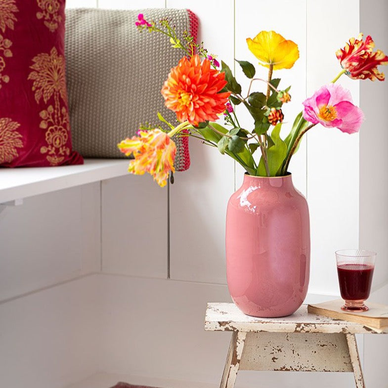 Vaso Alto Ovale in Metallo Smaltato Rosa Antico - H 30cm