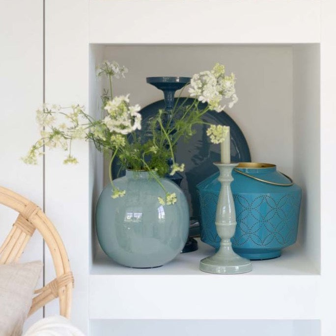 Vaso Tondo in Metallo Smaltato Celeste - H 23cm