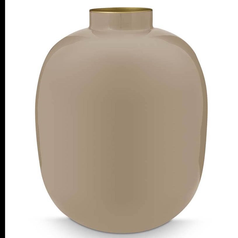 Vaso Ovale in Metallo Smaltato Marrone Khaki - H 32cm