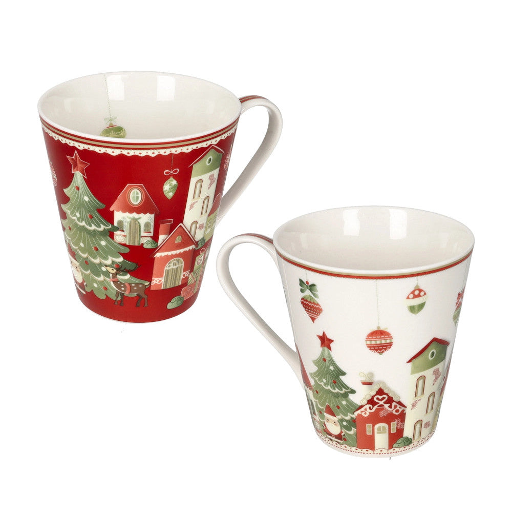 Set 2 Tazze Mug Natalizie in Porcellana "Villaggio In Festa"