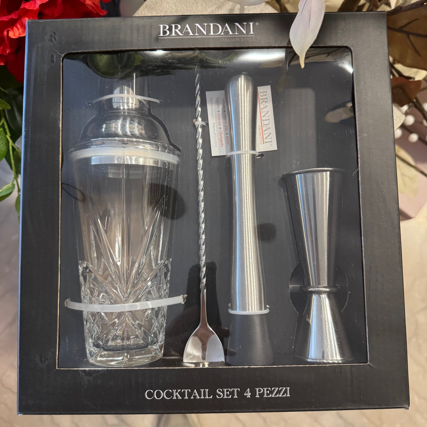 Cocktail Set 4pz con Shaker in Vetro e Accessori Inox