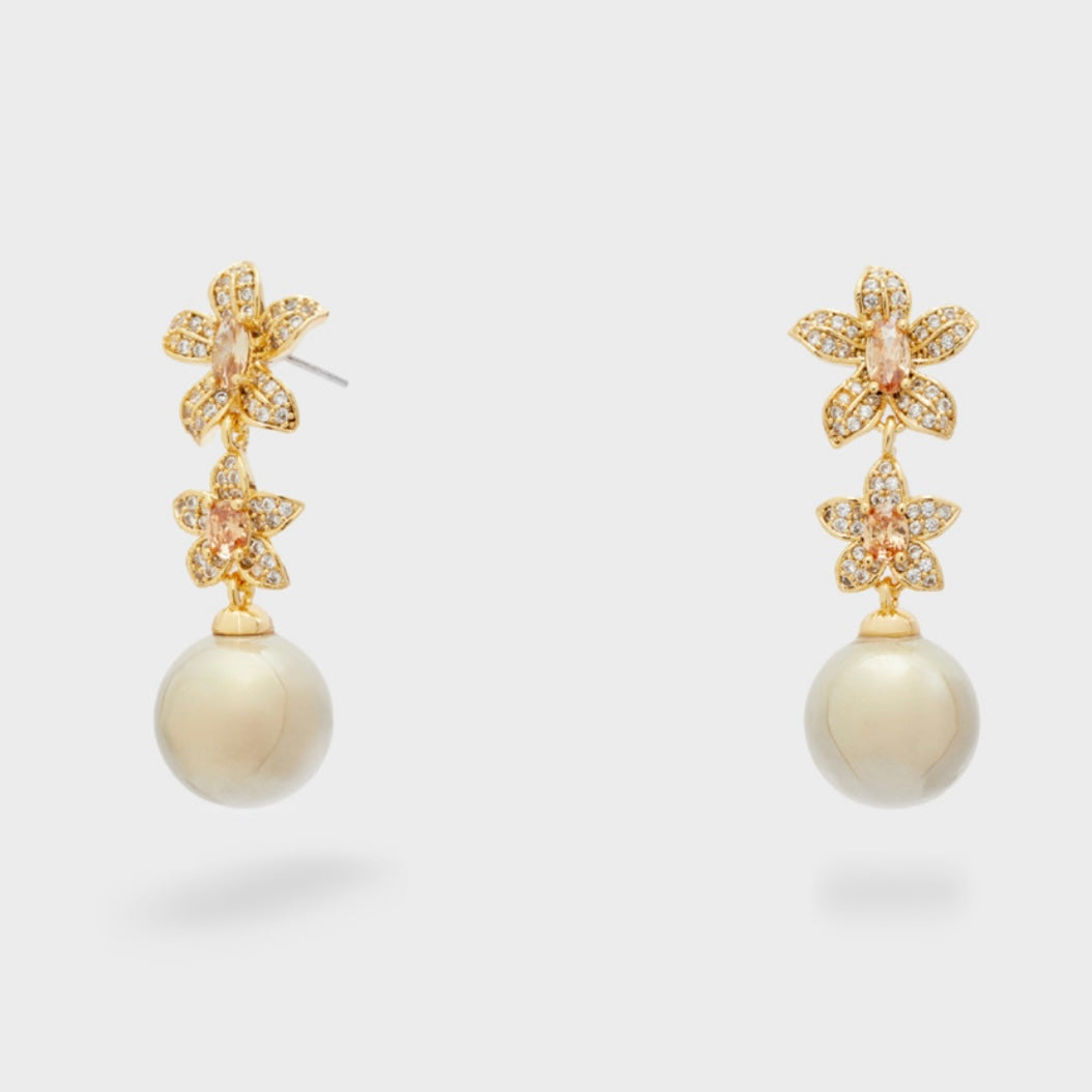 Orecchini 2 Fiori Oro con Perla Champagne - Nalì
