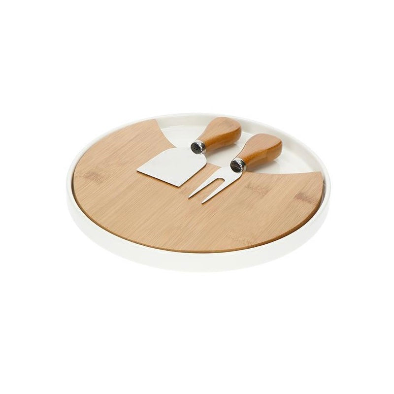 Tagliere Formaggi in Porcellana e Bamboo con 2 Coltelli Inox