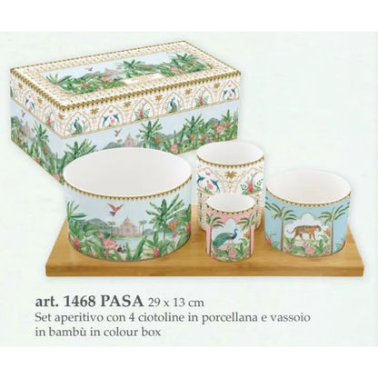 Set Aperitivo “PARADIS SAUVAGE” con 4 Ciotoline in Porcellana e Vassoio in Bambù