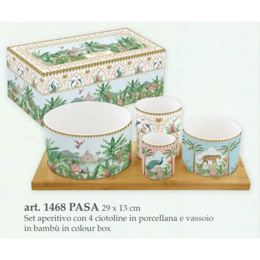 Set Aperitivo “PARADIS SAUVAGE” con 4 Ciotoline in Porcellana e Vassoio in Bambù