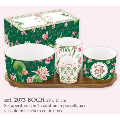 Set Aperitivo “BOTANIC CHIC” con 4 Ciotoline in Porcellana e Vassoio in Acacia