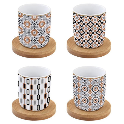 Set Caffè "GEOETHNIC" con 4 Bicchierini in Porcellana e Piattini in Bambù