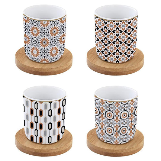 Set Caffè "GEOETHNIC" con 4 Bicchierini in Porcellana e Piattini in Bambù