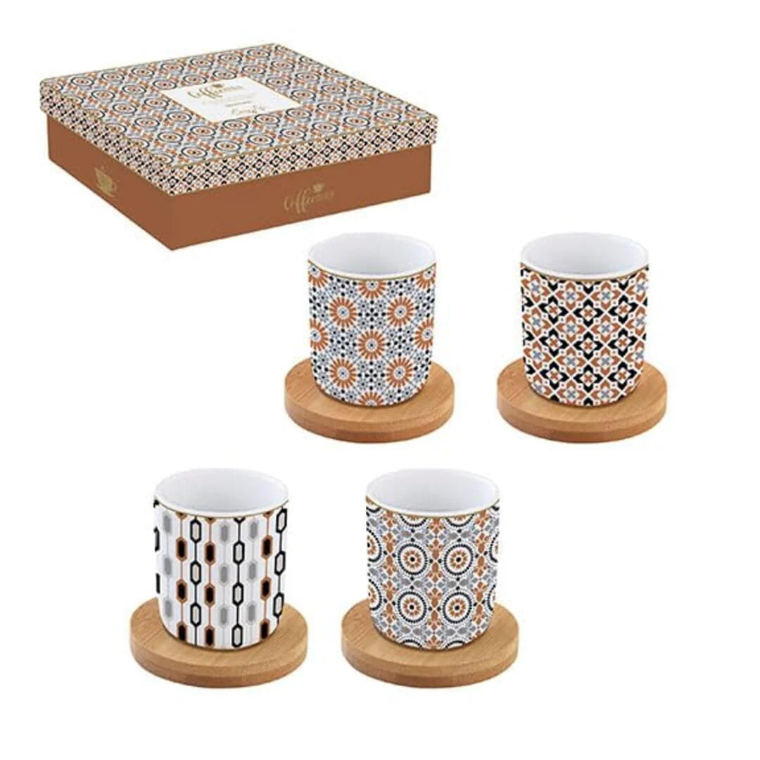 Set Caffè "GEOETHNIC" con 4 Bicchierini in Porcellana e Piattini in Bambù