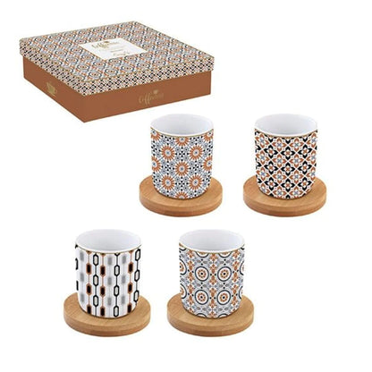 Set Caffè "GEOETHNIC" con 4 Bicchierini in Porcellana e Piattini in Bambù