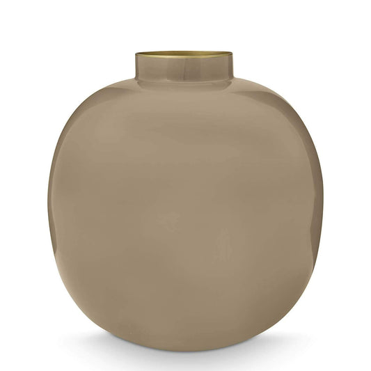 Vaso Tondo in Metallo Smaltato Marrone Khaki - H 23cm