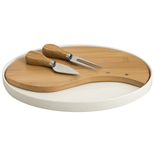 Tagliere Formaggi Ovale in Porcellana e Bambù con 2 Coltelli Inox