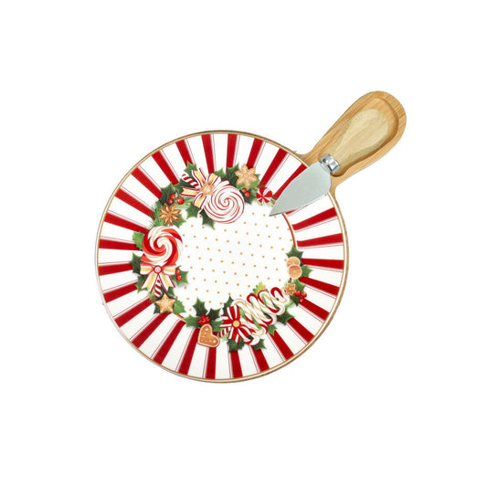 Tagliere in Porcellana con Base Bamboo e Coltello Formaggi "Le Chicche"