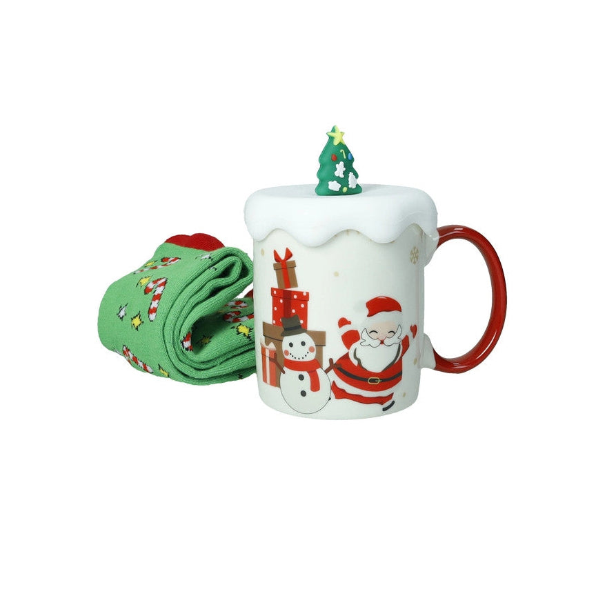 Tazza Mug "Albero di Natale" con Tappo in Silicone e Calzini in Cotone