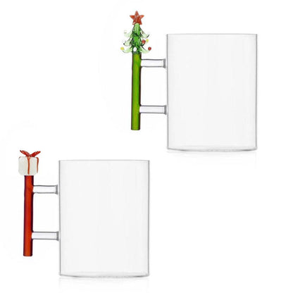 Set 2 Tazze Mug in Vetro con Manico Decorato "W il Natale"