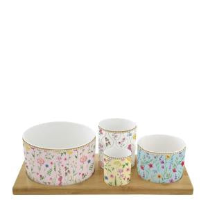 Set Aperitivo “Meadow Flowers” con 4 Ciotoline in Porcellana e Vassoio in Bambù