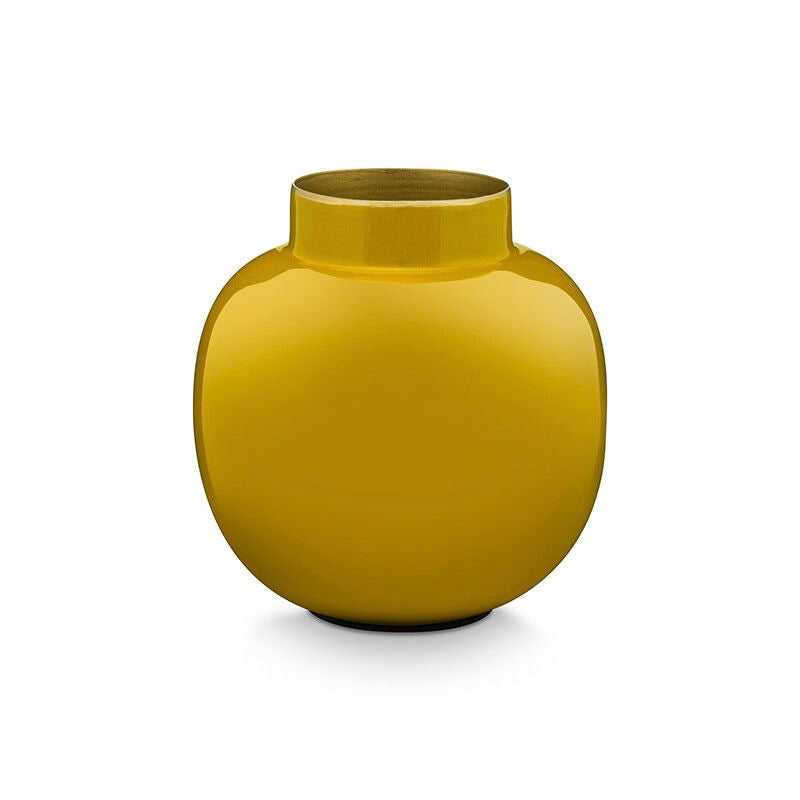 Vaso Tondo in Metallo Smaltato Giallo - H 23cm