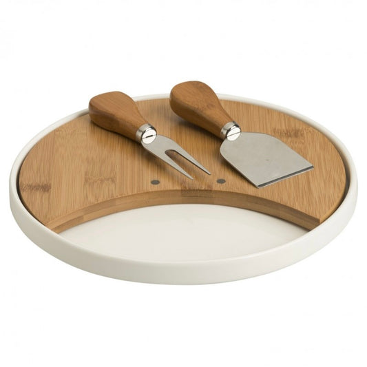 Tagliere Formaggi in Porcellana e Bamboo con 2 Coltelli Inox